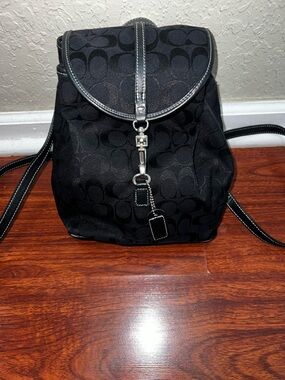 Coach Black Leather Backpack with White Stitching